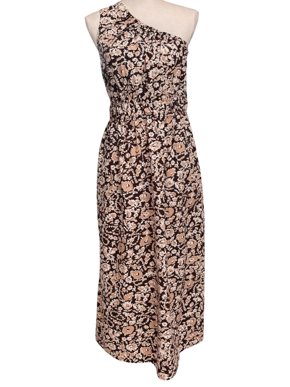 Rails Selani Floral One Shoulder Midi Dress Large Pockets Espresso Floral